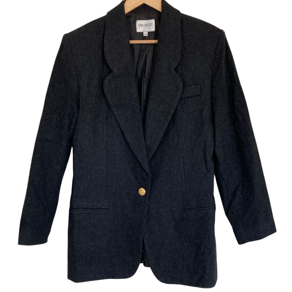 Hugo Buscati Milano Womens One Button Blazer‎ Size 12 Grey Wool Cashmere